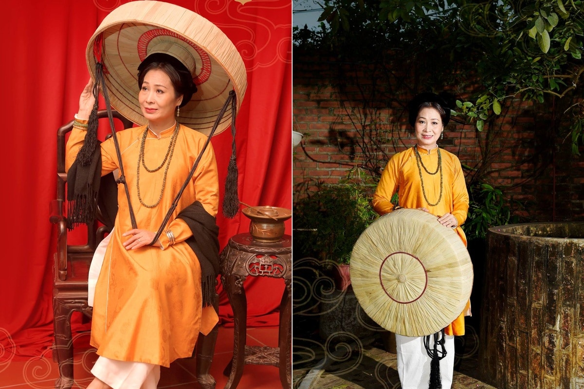 The Ba Tam hat has a shape similar to an umbrella or mushroom cap, with a flat top and wide brim 